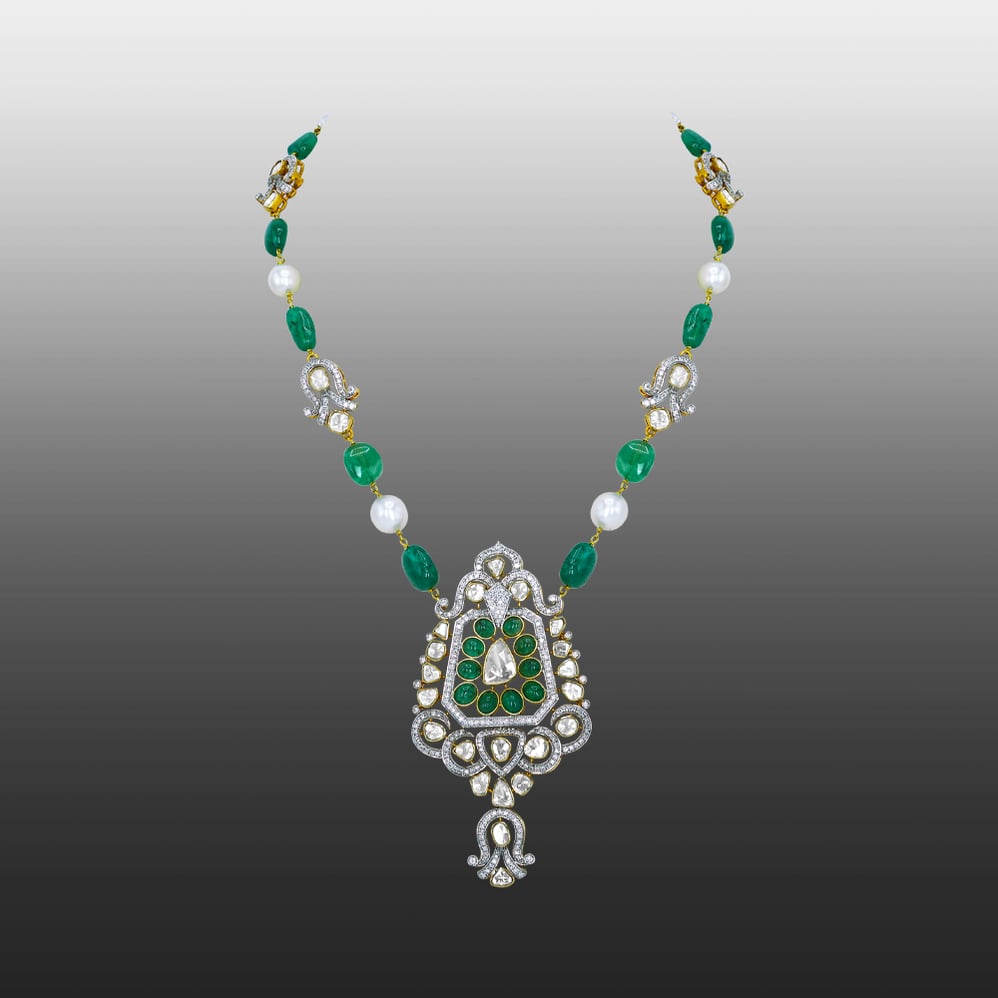 Emerald and Pearl Necklace with Diamond Motifs and Pendant